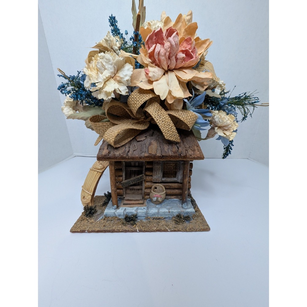 Rustic Log Cabin Floral Arrangement Faux Flowers Basket Lodge Country Decor 11"